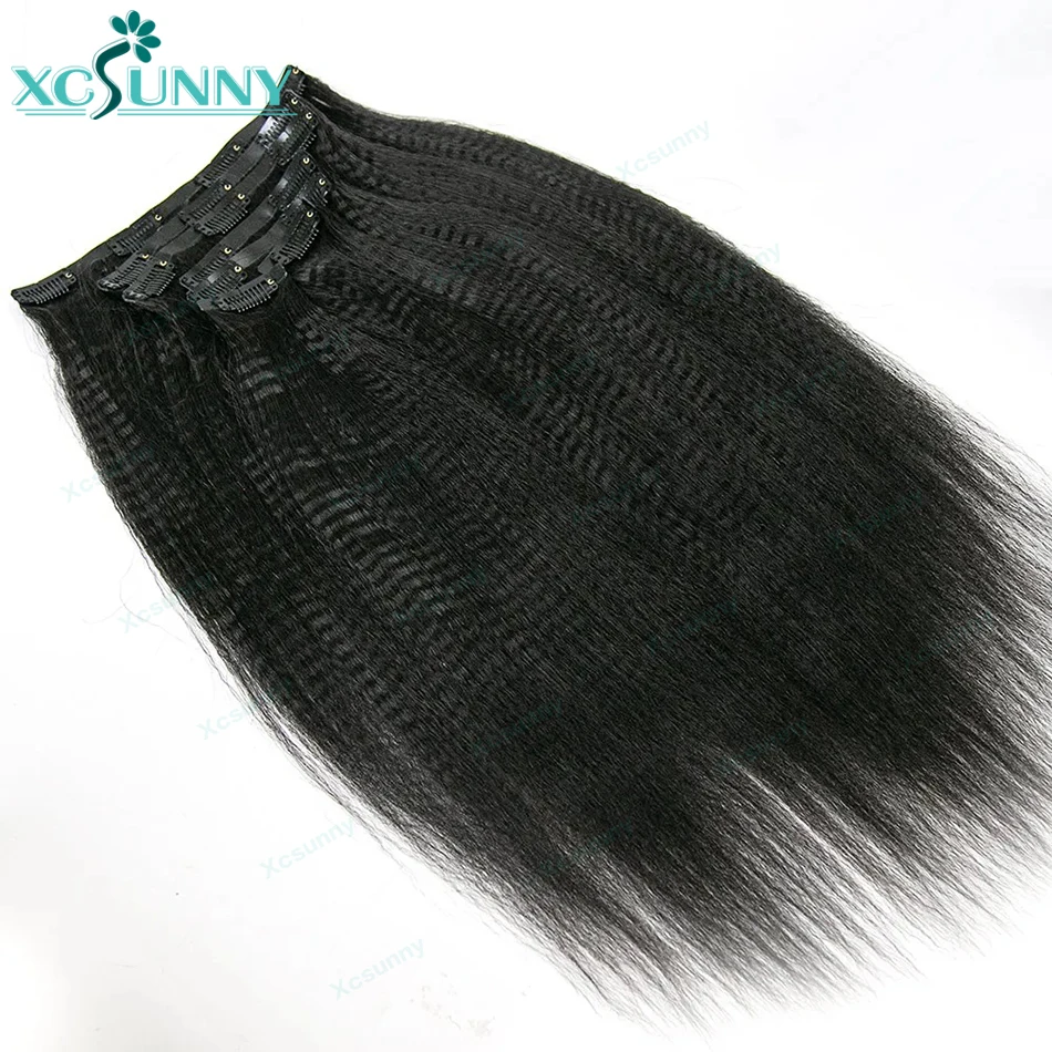 Invisable Edge Clip Ins Human Hair Extensions Yaki Straight Injected PU Tape Weft Clip In Hair Extensions 7Pcs/set Clip on Hair 6