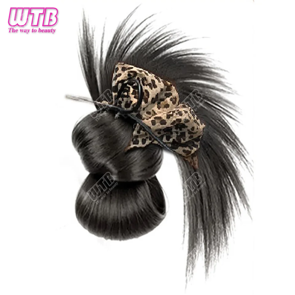 레오파드 프린트 합성 번 가발 클로 클립 치킨 페더 합성 번 패션 가발 자연스러운 풍성한 로우 포니테일 가발