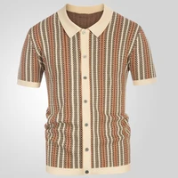 Vintage Striped Crochet Knitted Shirts Mens Spring Summer Casual Short Sleeve Buttoned Lapel Knit Tops For Men Trendy Cardigans 2