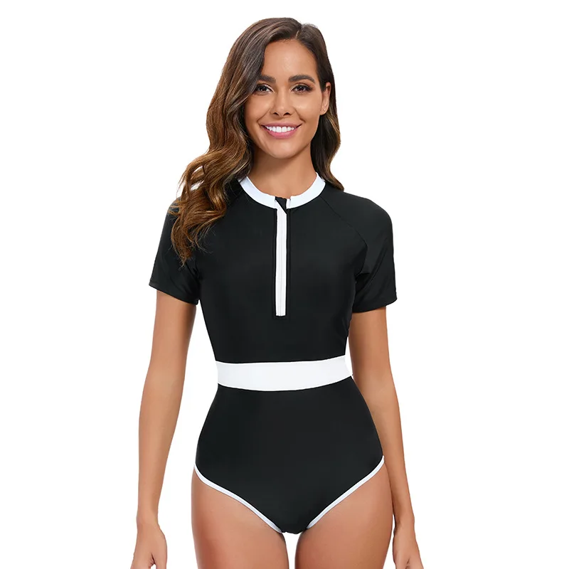 Sexy Swimsuit Black and White Short Sleeve Surf Suit with High-Cut Leg One Piece Swimwear Bathing Suit for Summer Vocation