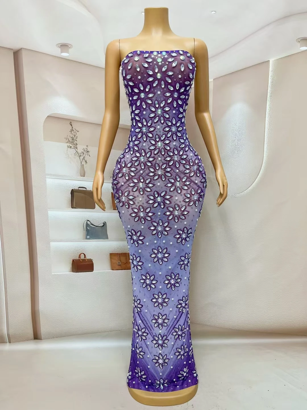 Sparkly Rhinestone Purple Dress Cocktail Party Strapless Evening