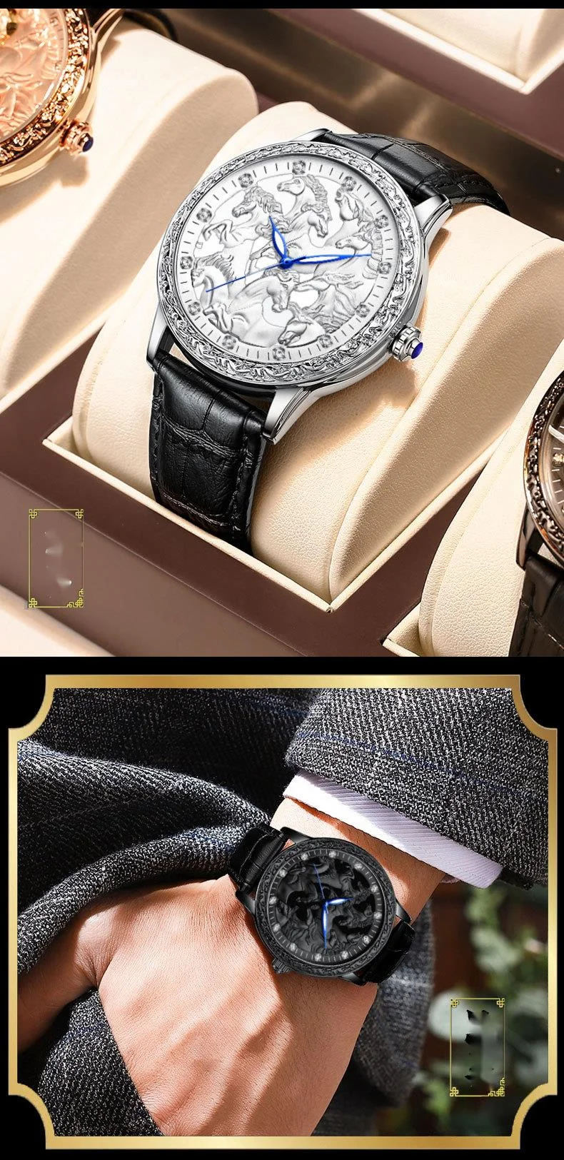 Relógio de quartzo masculino vintage com oito cavalos 3d_voghion.com