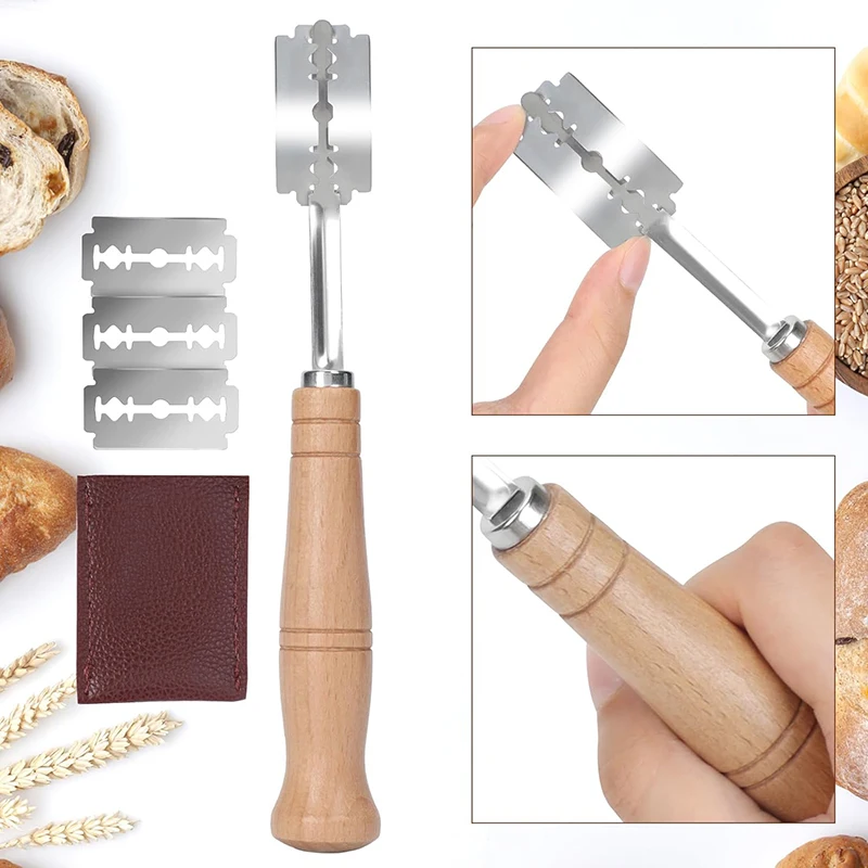 Cake slicer bread cutter wooden handle lame slashing tool 5 razor blades leather cover curved dough scoring knife