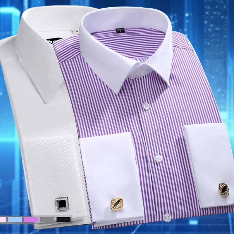 Men Long Sleeve Tuxedo Standing Collar Wedding Dress Shirt White French Cufflink mens dress shirt