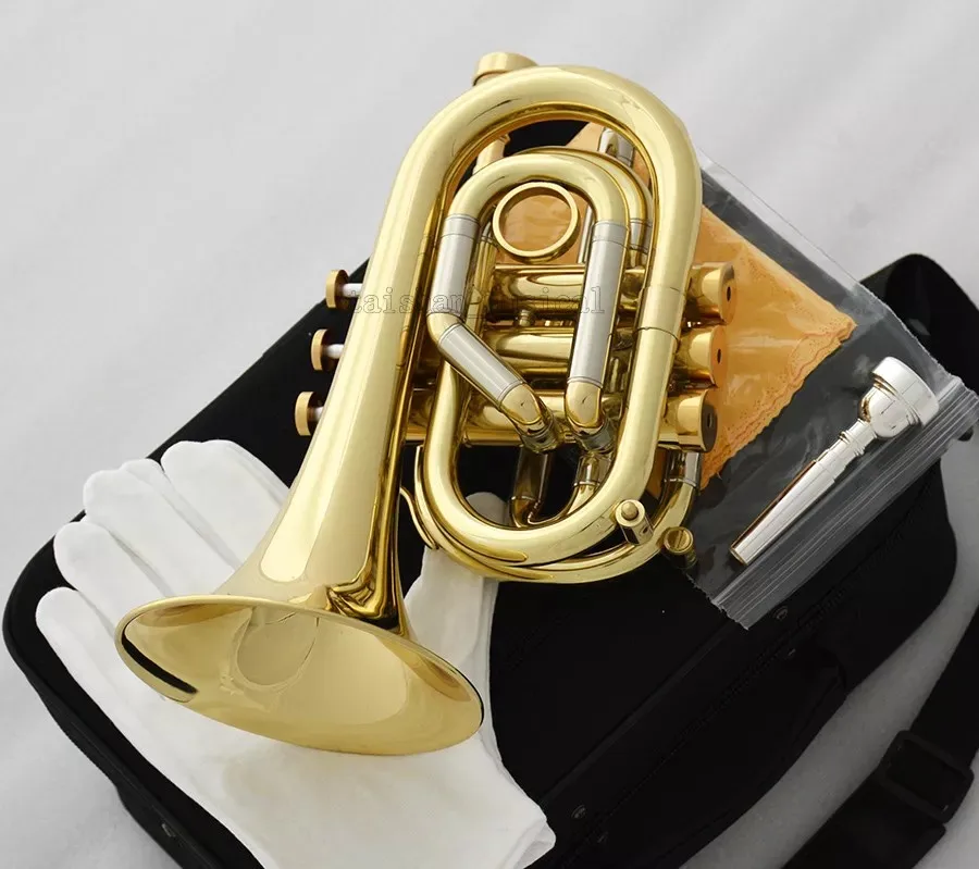 Professional new Bb Pocket Trumpet Gold horn Monel Valves With 2 Mouthpiece Case