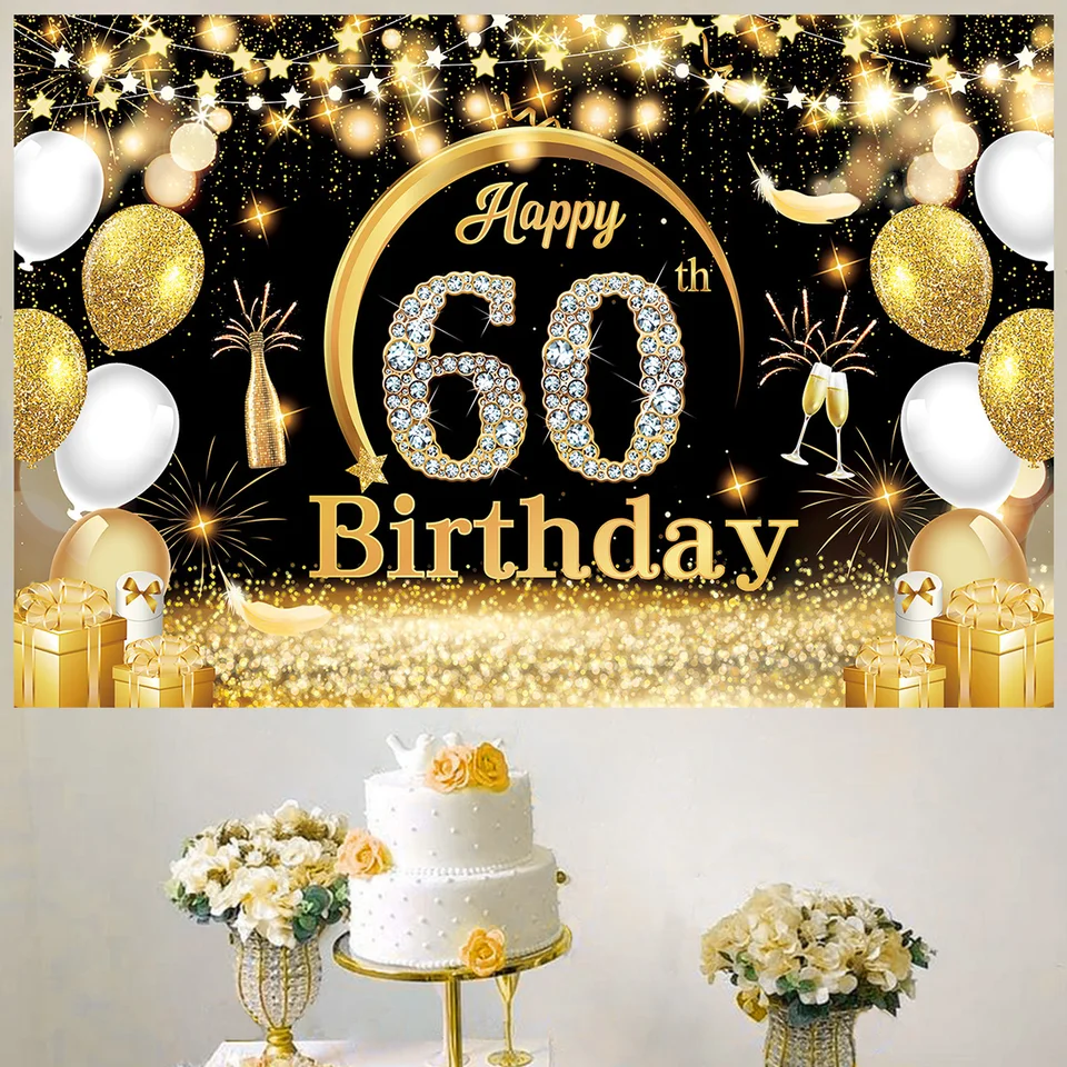 60e Anniversaire Décoration Pour Hommefemme, 60e Anniversaire En Tissu, Toile Poster Panneau Affiche, 60e Anniversaire, Bannière Décoration D' Anniversaire Bleu Et Doré, 1,5 M