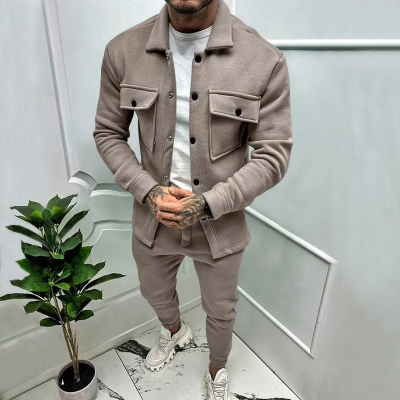 Spring/Autumn Men's Fashion Brand New Fashion Trend Set Large Pocket Button Suede Casual Jacket Pants 2 Piece Set European Size