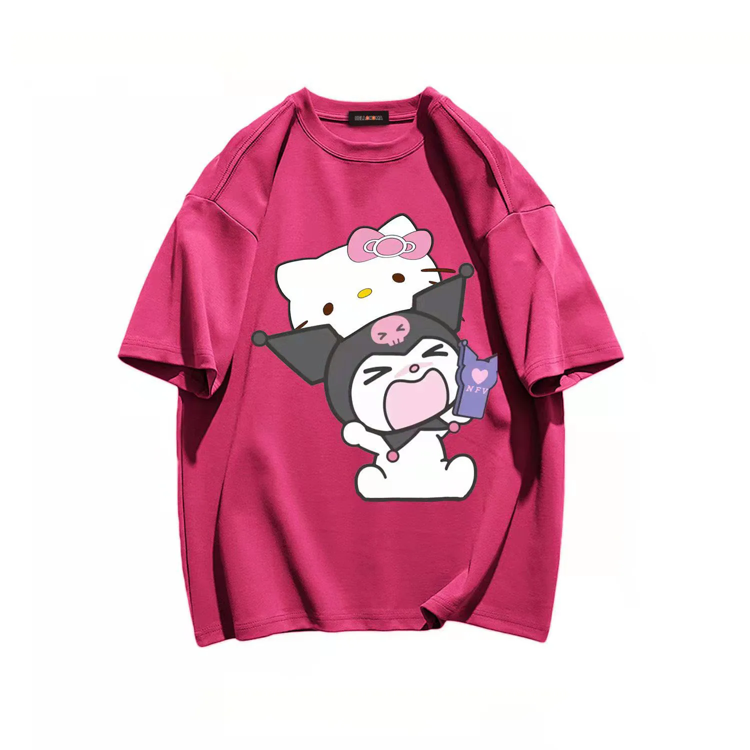 thumbnail image 1 of Camiseta de manga corta de algodón de estilo universitario sencillo para niñas de Hello Kitty, Top holgado con cuello redondo que combina con todo para niños, 1 of 5