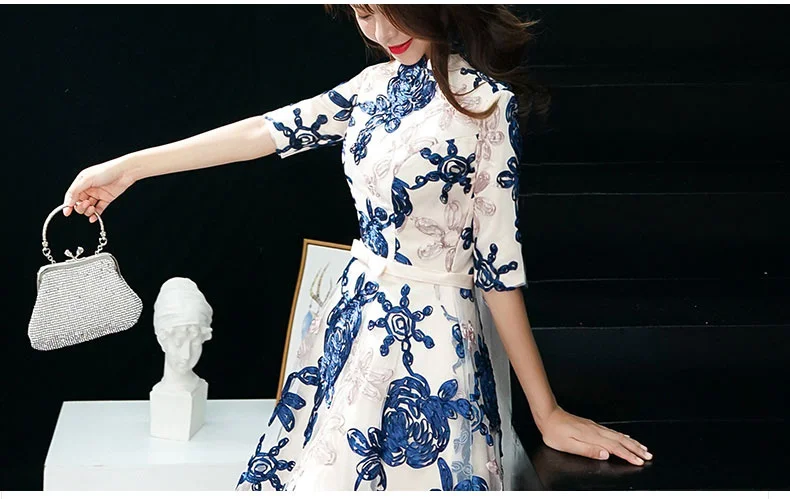 Simple Lace Flower Blue Prom Dresses 2020 Vintage High Neck A-line Short Homecoming Dresses With Half Sleeves simple prom dresses