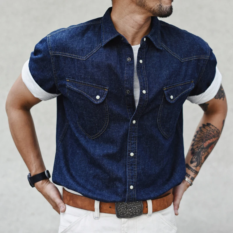 Mens Shirts Summer Short Sleeve Vintage Linen Indigo Denim Shirt Double Pockets Regular Fit