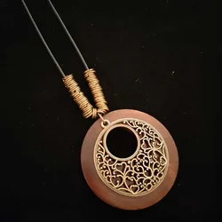 Vintage Wooden Owl Pendant Necklace - Ethnic Long Chain Jewelry (Hollow flower A)
