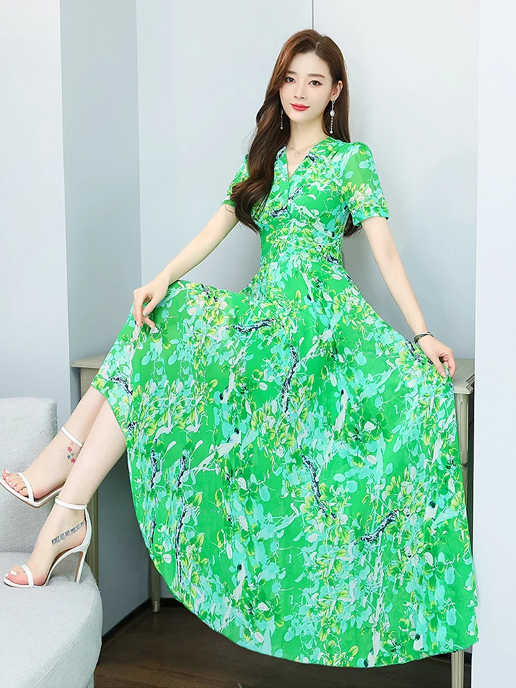 2023WomenSummerChiffonCasualDressVintageRedFloralElegantParty