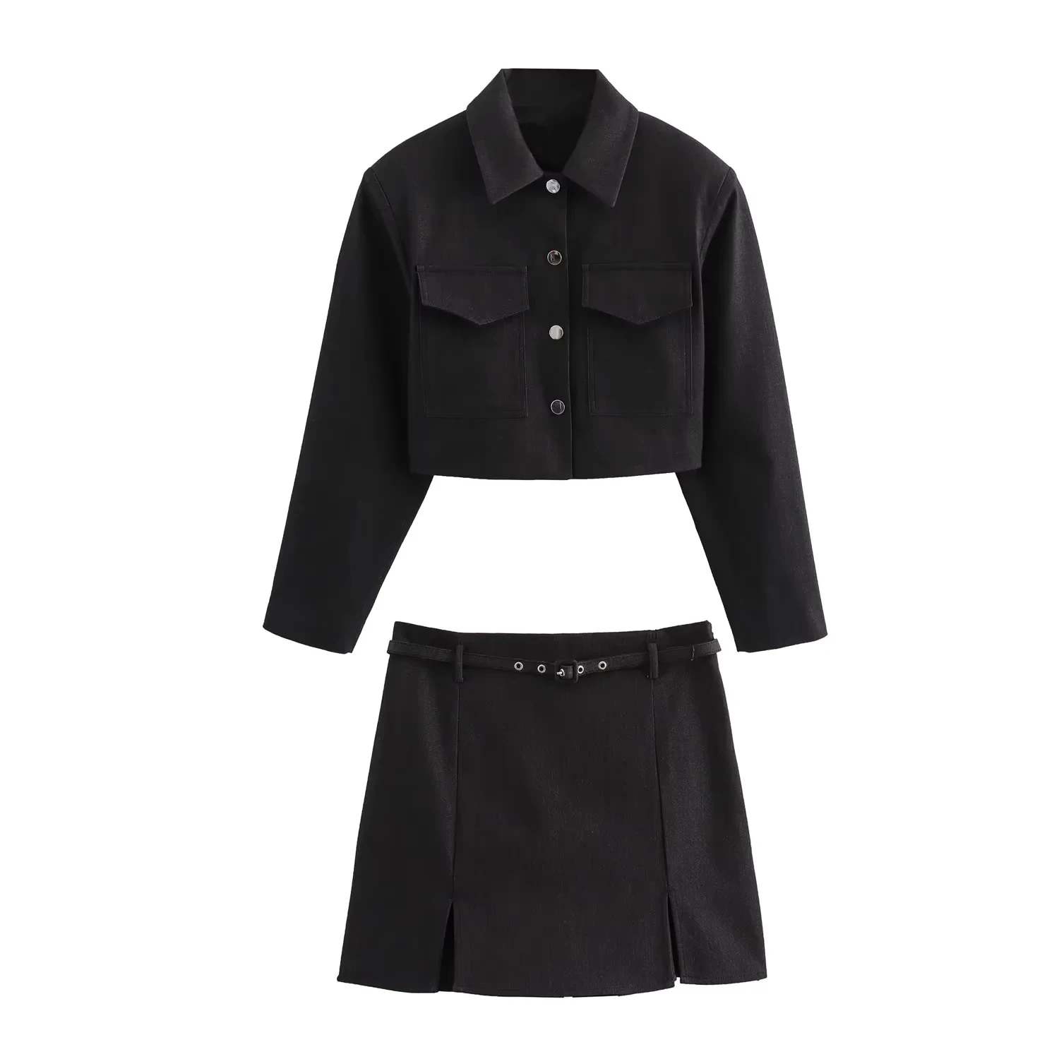 

TRAF Chic Sets For Women 2 Pieces Fall Shoulder Pad Cropped Jacket Lapel Long Sleeves Coats Elegant Streetwear+Belted Slit Skort