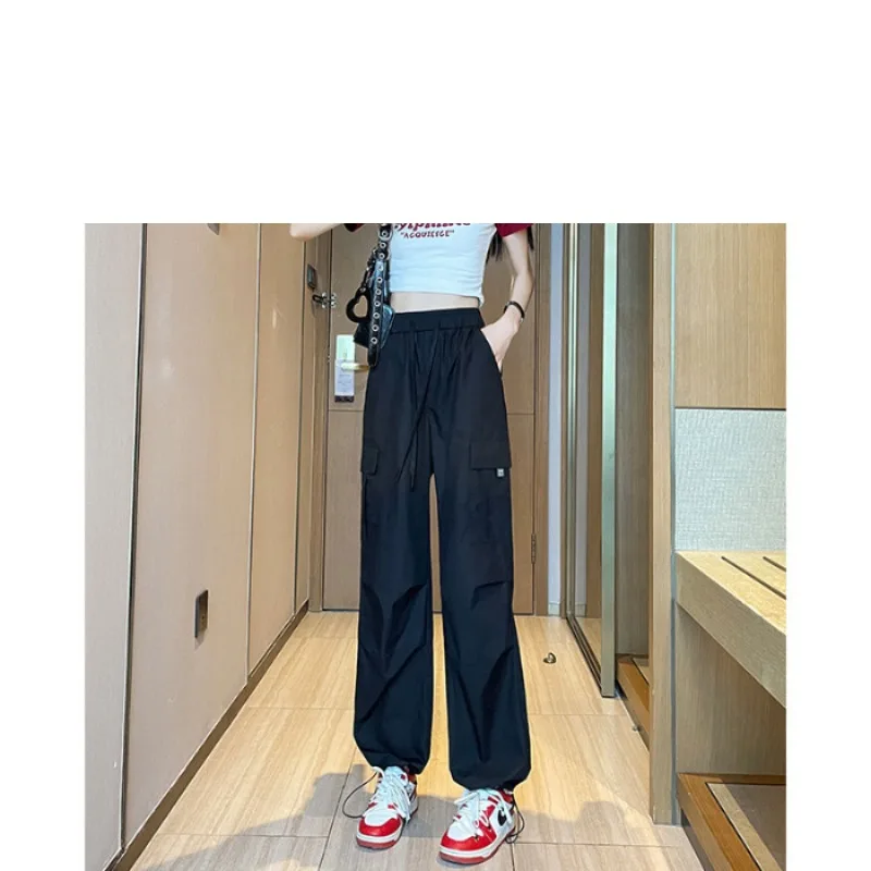 Women's Spring Autumn Elastic High Waisted Solid Drawstring Pockets Pleated Casual Harlan Lantern Wide Leg Trousers Pants