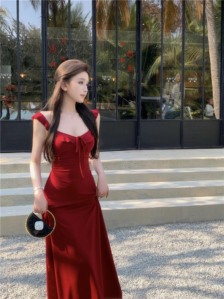 Spaghetti Strap Knitted Dresses for Women Lace-up Slim Solid Square Collar Elegant Sexy Korean Fashion Vestidos Mujer New