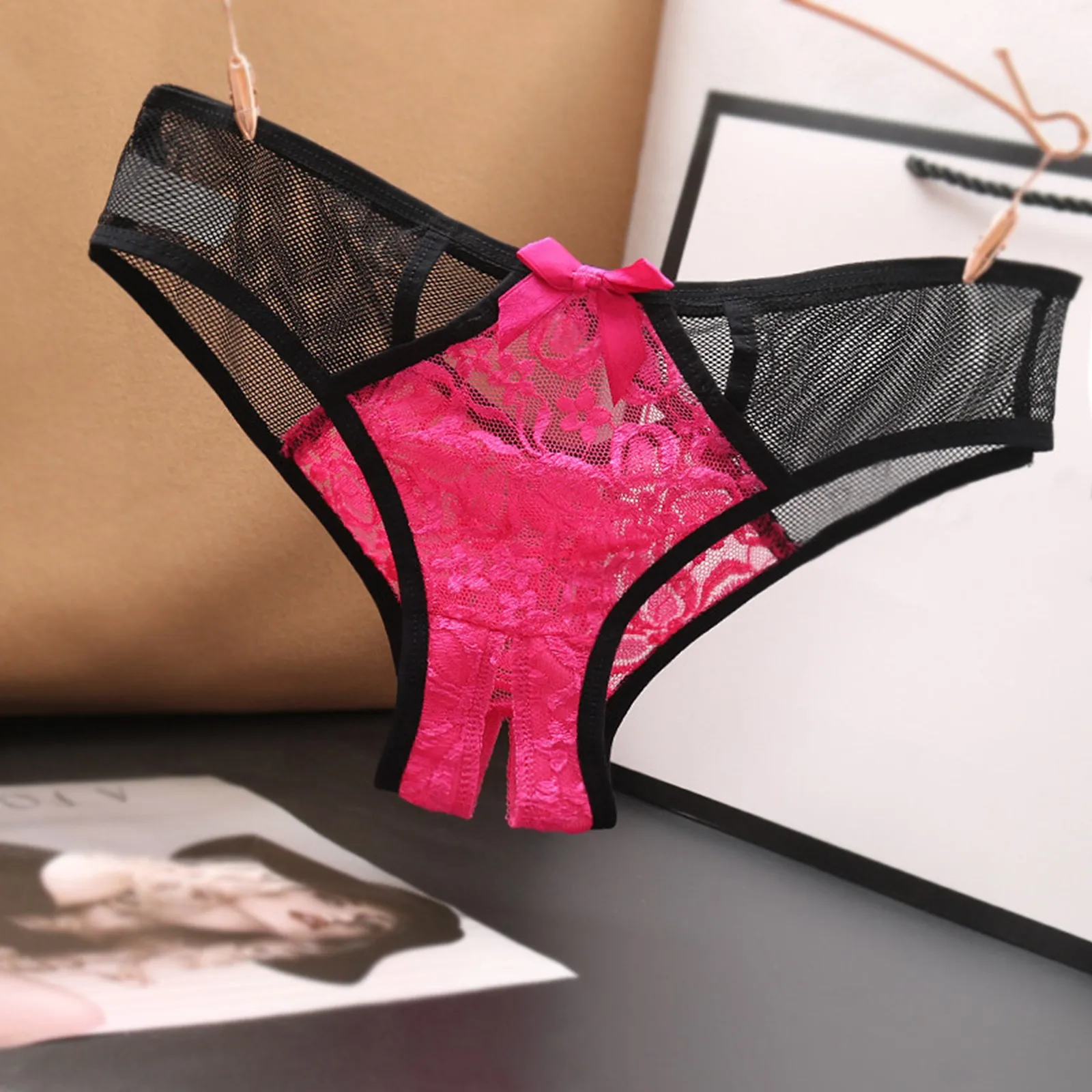 Low Womens Briefs Underpants Open Crotch Lace Underwear Waist Panties Transparent G-Strings Thongs Solid Bowknot Lace Underwear women lingerie