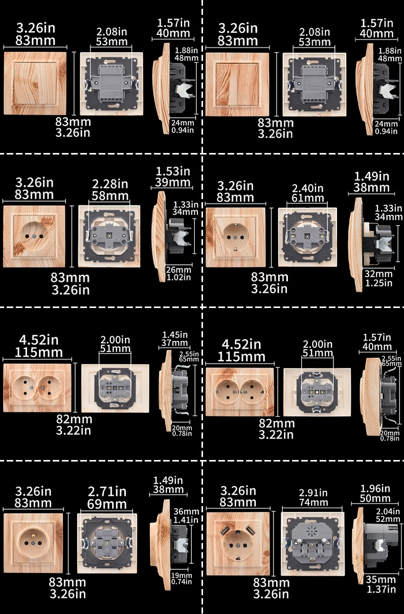 Description Picture 2 of itemWESA Wood Power Socket European Standard Wall 2 Socket Electrical Outlett Not Ground Embedded Plug Flame Retardant Plastic Panel