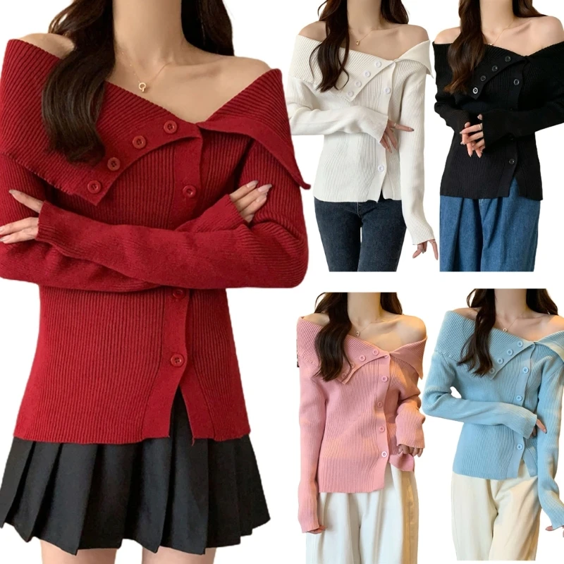 

Women's Casual Boats Neck Long Sleeve Sweaters Button Front Off Shoulder Knitted Pullover Tops Sexy Going Out Tops