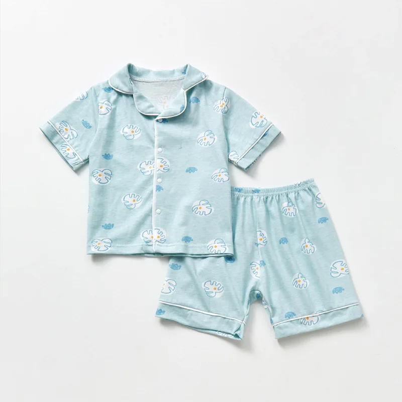 Children Cotton Pajamas Summer Cartoon Printed 2 Pieces Set Short Sleeve Top with Shorts Toddler Baby Boy Girls Sleepwear Sets
