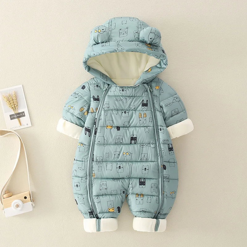 Newborn Baby Jumpsuit Hooded Plus Velvet Warm Winter Wear Baby Boys Snowsuit Toddler SnowSuit Girl Cotton Overalls Rompers New