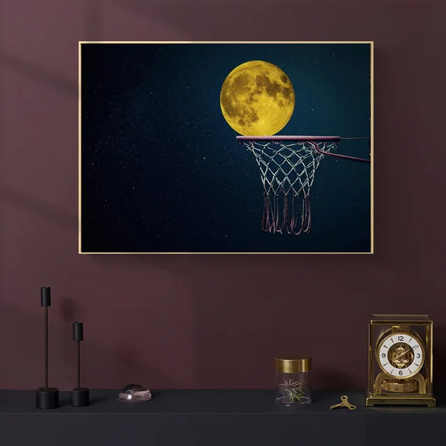 농구 스포츠 소년 농구 프레임 달 어두운 밤 포스터 인쇄 벽 예술 사진 캔버스 그림 침실 홈 장식 선물