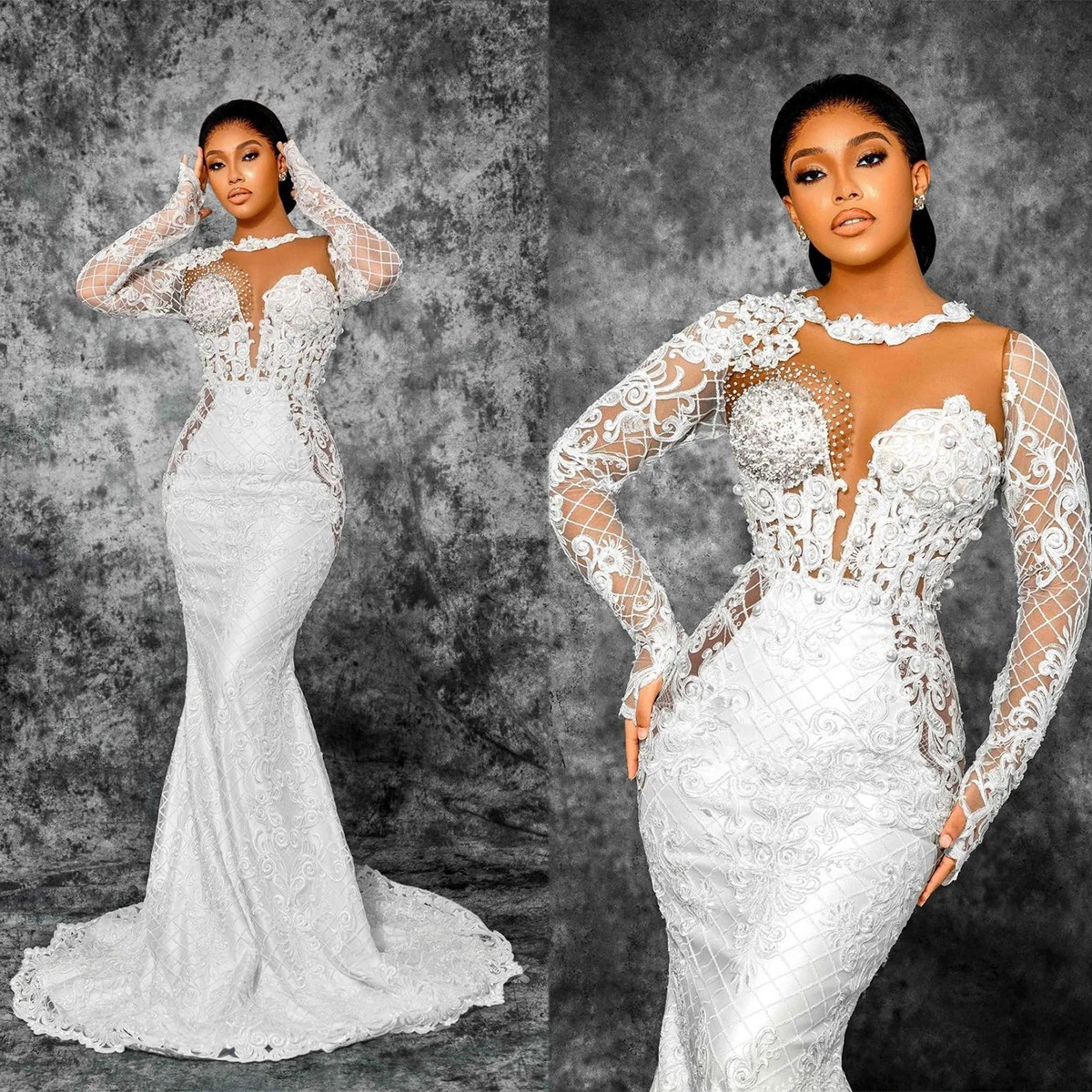 

Sexy Mermaid Evening Dresses Long Sleeves V Neck Halter Sequins Appliques 3D Lace Pearls 3D Lace Hollow Prom Dresses Custom Made