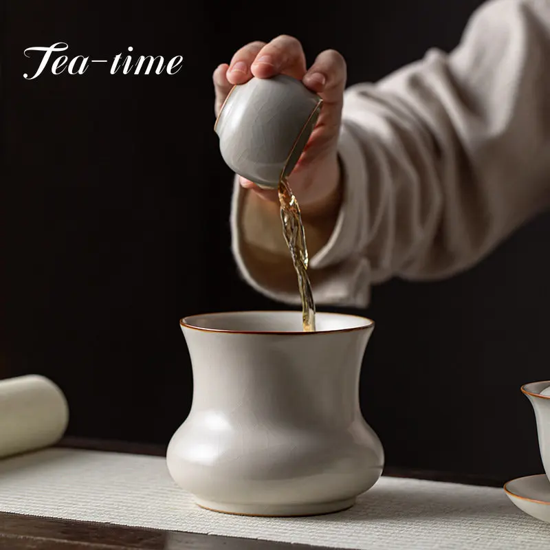 Chinese Cream Ru Kiln Ceramic Tea Dregs Cylinder Retro Tea Wash Bowl Writing-brush Washer Jianshui Tea Residue CanTea Ceremony