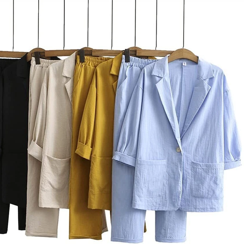 

Womens Cotton Linen Blazers Coat Two Piece Sets Vintage Loose Casual Wide Leg Pant Sets Elegant Office Solid Tracksuit Outfits