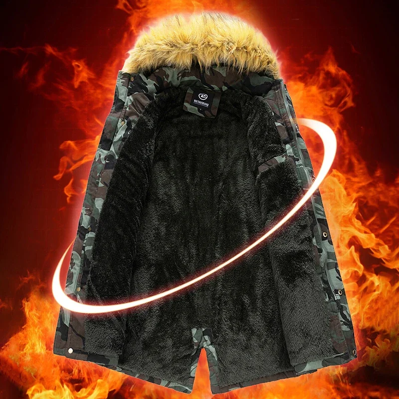 Winter Outdoor Men's Jacket Warm Hunting Camouflage Thickened Mid-Length Parker Workwear Camouflage Windproof Jacket