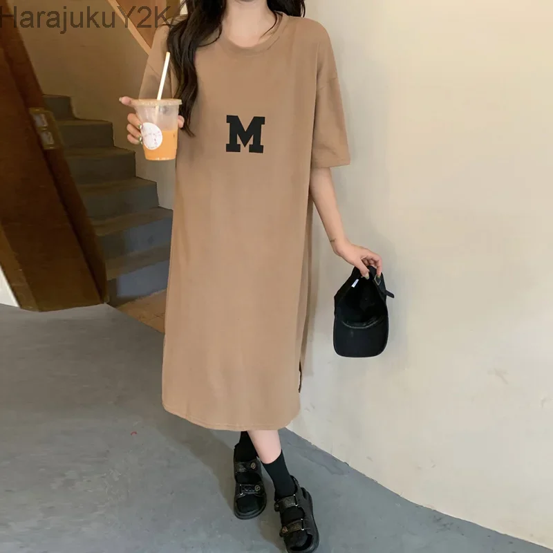 

T Shirt Dress Women Summer Casual Slit Letter Print Sundress Loose O Neck Tunic Printed Basic Dresses 3XL 4XL Vestidos