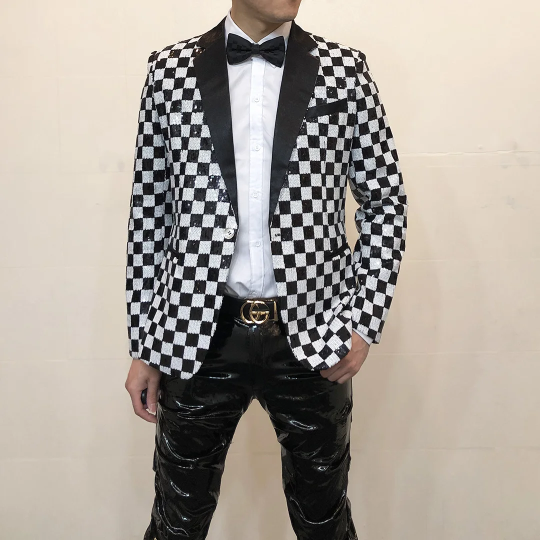 

Plus Size Black White Plaid Sequin Suit Wedding Formal Blazer Men Singer host Stage Performance Jacket