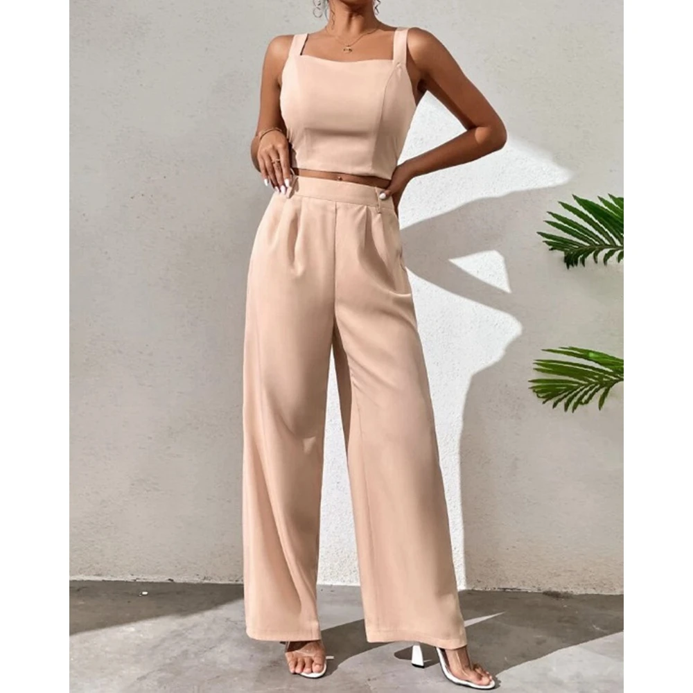 Spring Summer Women Square Neck Sleeveless Crop Top & Ruched Wide Leg Pants Sets Solid Casual 2 Pieces Woman Outfits Clothes