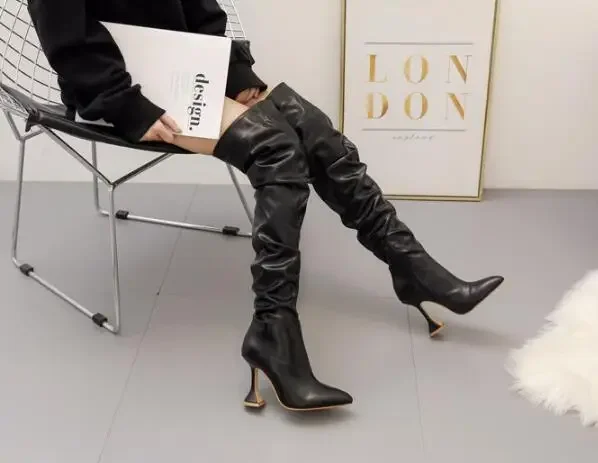 Winter Leather Boots Women Stiletto Pointed Toe Heeled Knee Boots Wine Glass Heel Side zipper Thigh Gigh Booties,women high heel boots
