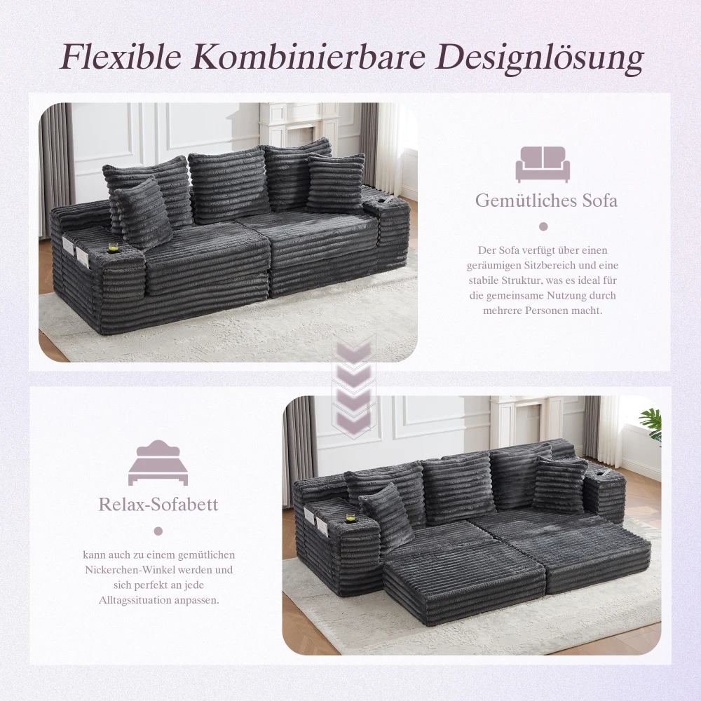 Cordstoff Kompressions-Sofa mit Hoher Rückenlehne und Zusätzlichen Kissen, Beidseitige Taschen, Frei Kombinierbar Als Schlafsofa – Detail 20