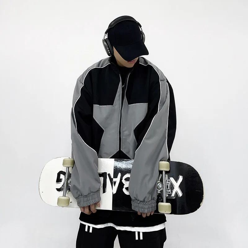 

Spring Bomber Jacket Men Women Vintage Star Pattern Harajuku Y2K Windbreaker Coat Streetwear Zipper Patchwork Outerwear Unisex