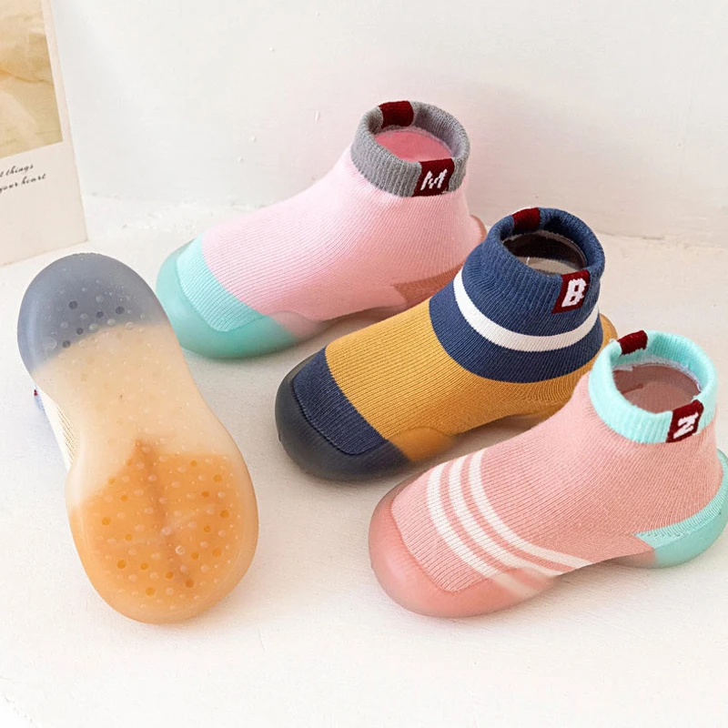 

Baby Shoes Anti-slip Infant First Walkers Boy Girl Soft Rubber Sole Outdoor Toddler Sneaker Fashion Letter Stripe Kid Floor Sock