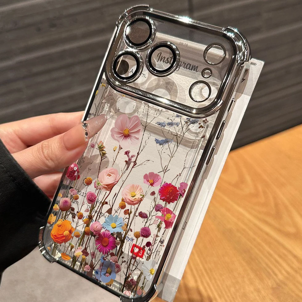 Elegant Flower Print Shockproof Phone Case - Clear Silicone with Plating Finish