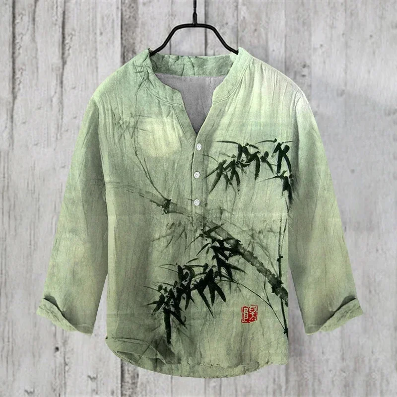 Simple Plum Blossom 3D Printing Art Linen Blended Men's Casual V-neck Shirt
