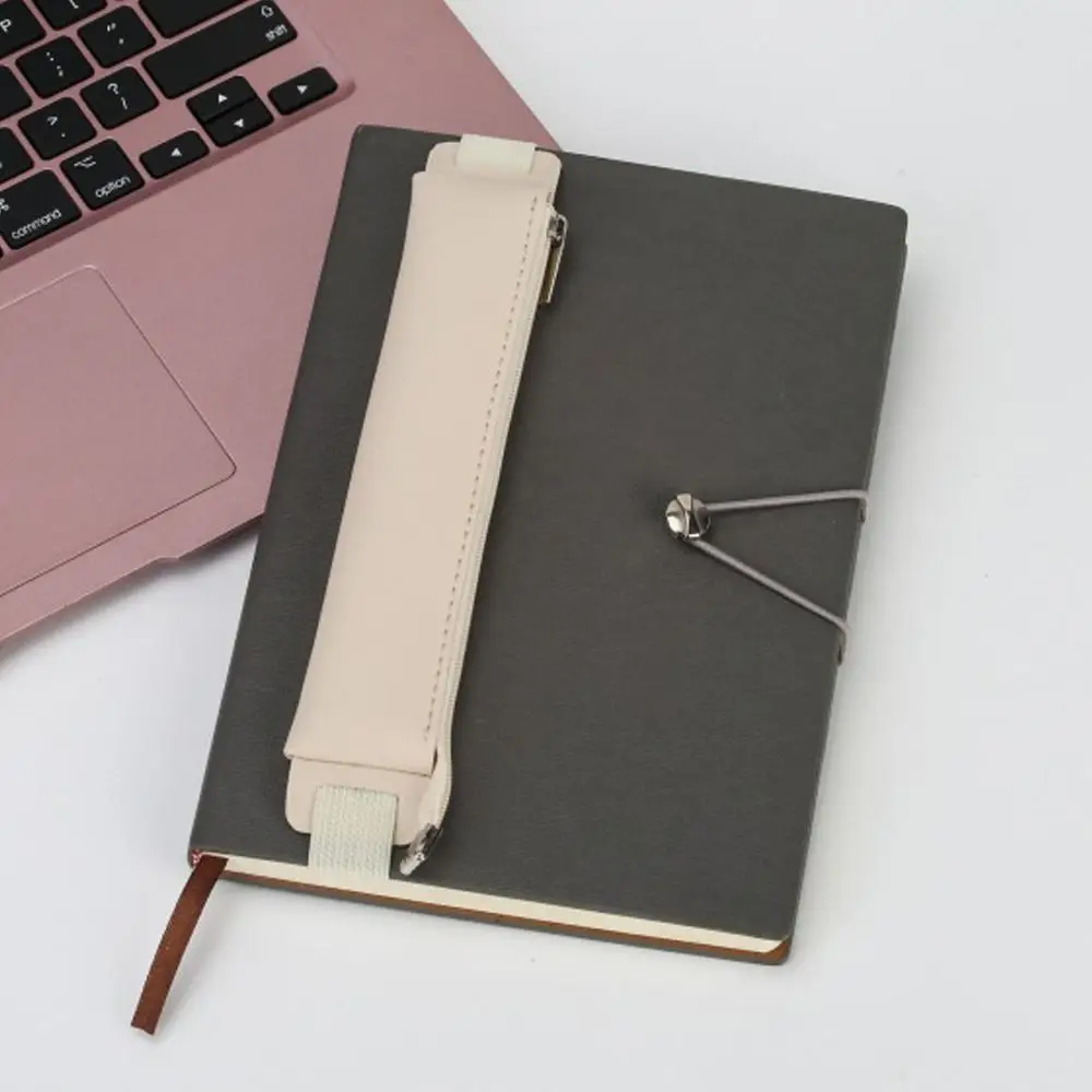 Pen Holder Vintage Pu Leather Pencil Case Book Notebook Rubber Band Pen Clip Portable Office Meeting Laptop Pen Holder