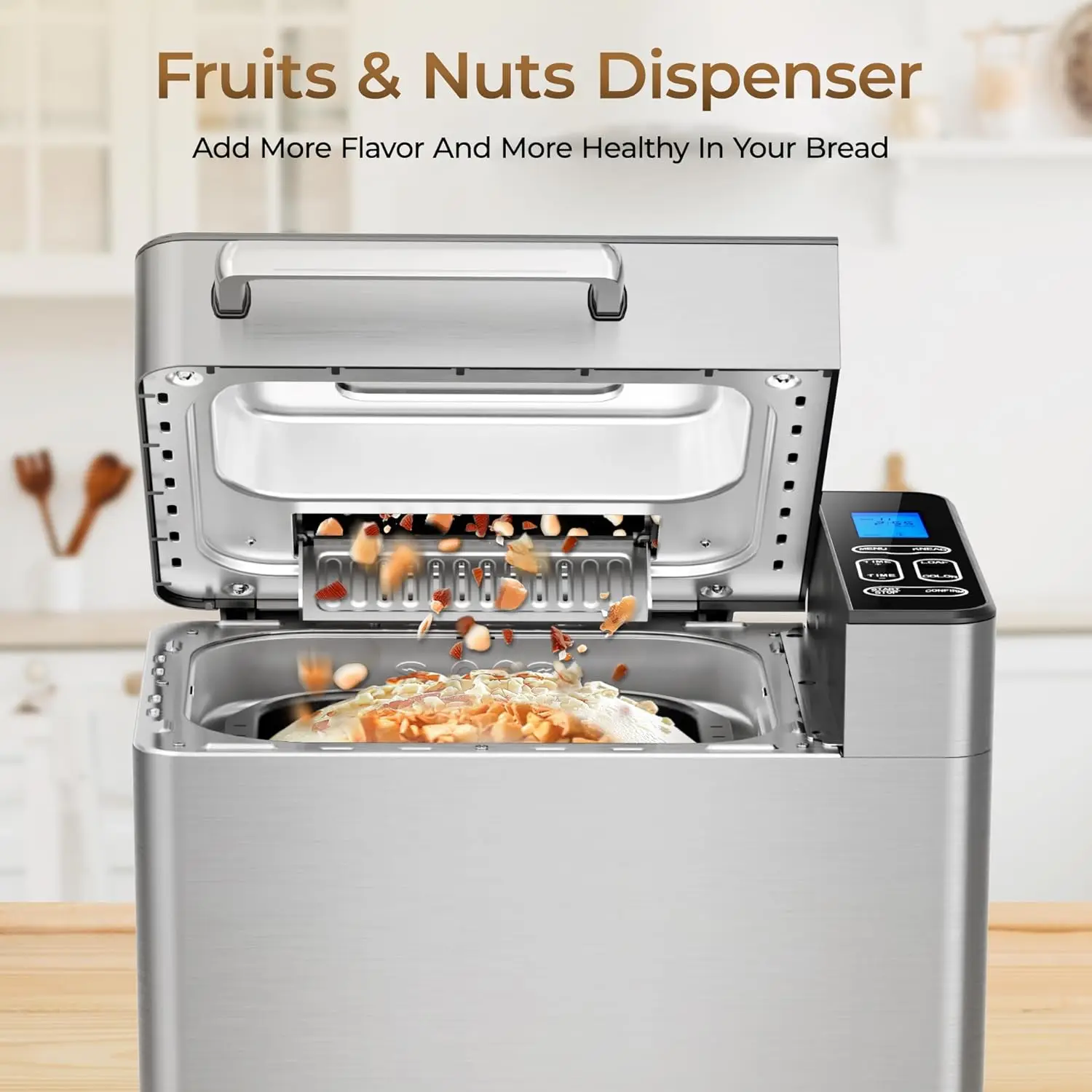 Bread Maker Machine 13-in-1 Bread Machine, Dough Maker, Auto Nut Dispenser & Ceramic Pan, 2LB and 3 Loaf Sizes & 3 Crust 3