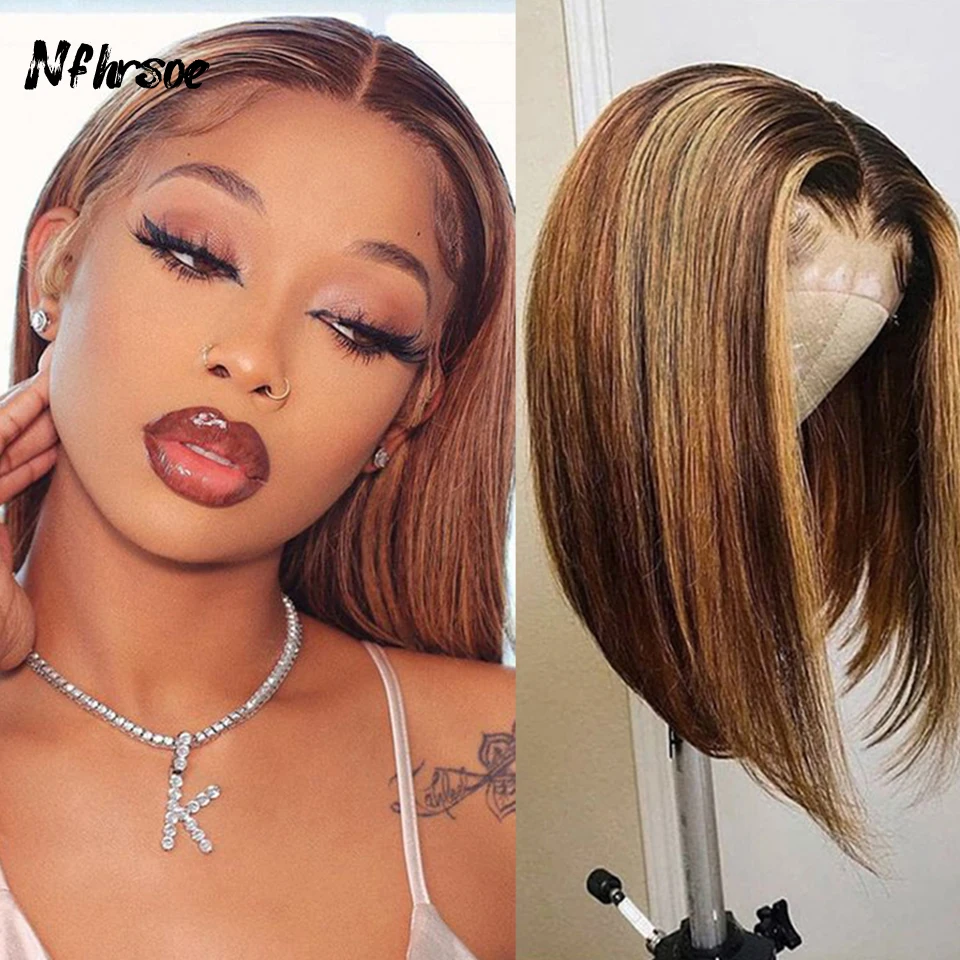 

Bob Highlight Wigs Human Hair Honey Blonde 4/27 Colored Bone Straight Lace Brazilian Bob Ombre Lace Wig For Women Lace Front Wig
