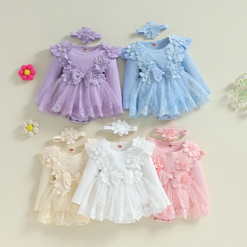 Infant Baby Girl Romper Dress Baby Dress Romper Flowers Lace Fall Winter Festival Clothes with Headband