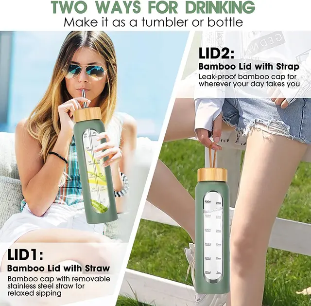 1000ML Glass Water Bottles With Straw, Glass Bottle With Silicone Sleeve And Time Marker, For Gym Home Office 3