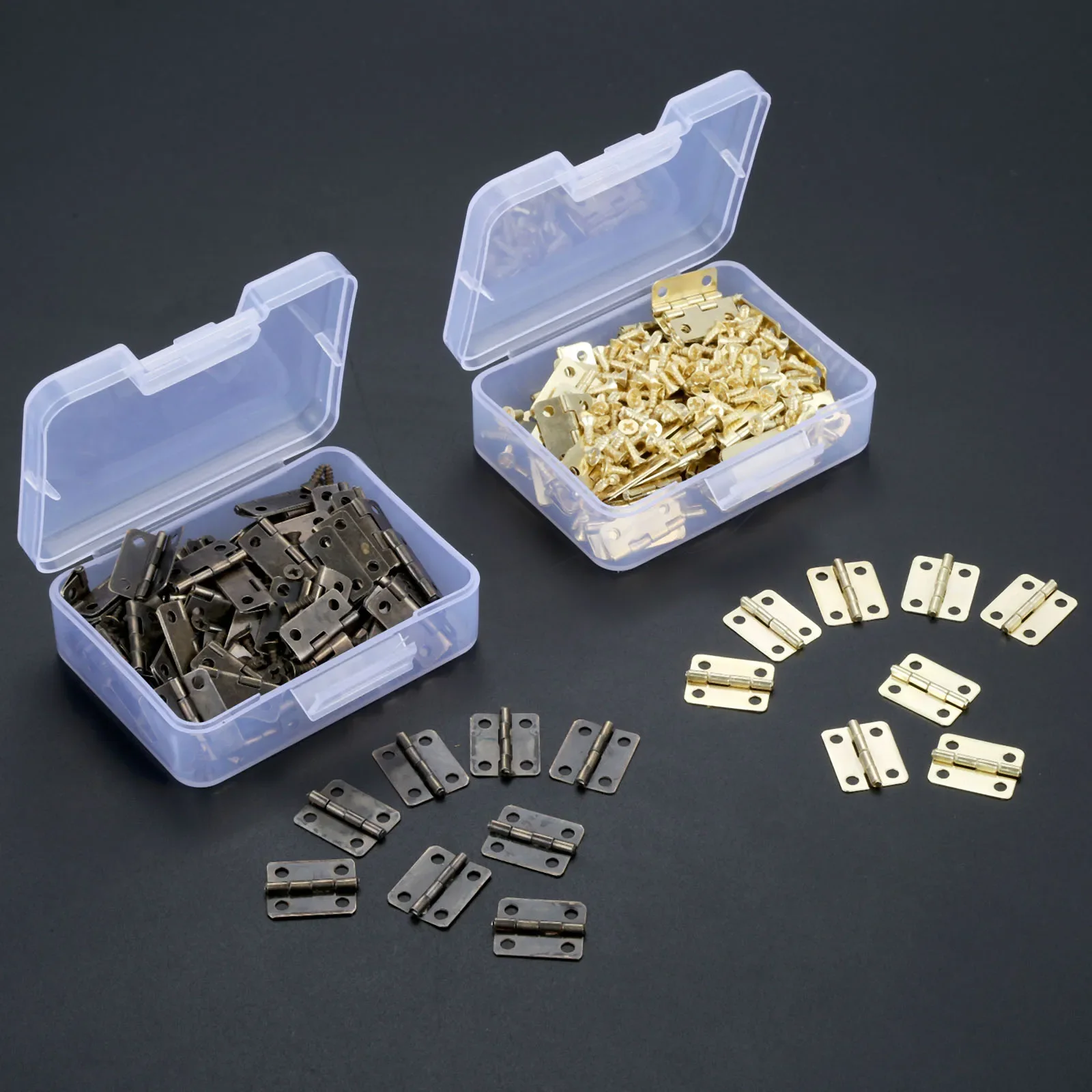 Hinges + 240 Screws Iron Golden/Antique Bronze 4 Holes Durable Furniture Hardware 16*13mm Mini Rounded Hinge Decor 60pcs/box furniture hinge,wooden box hinge,cabinet door hinges,cabinet hinges,brass hinges,bronze butterfly hinges