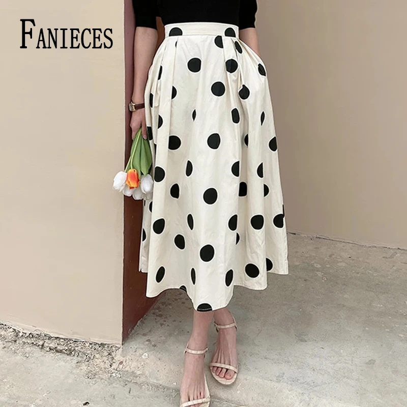 

FANIECES Polka Dot A-line Long Skirt With Pocket Elegant Women's Clothing Spring High Waist Umbrella Tutu Skirt Party Faldas