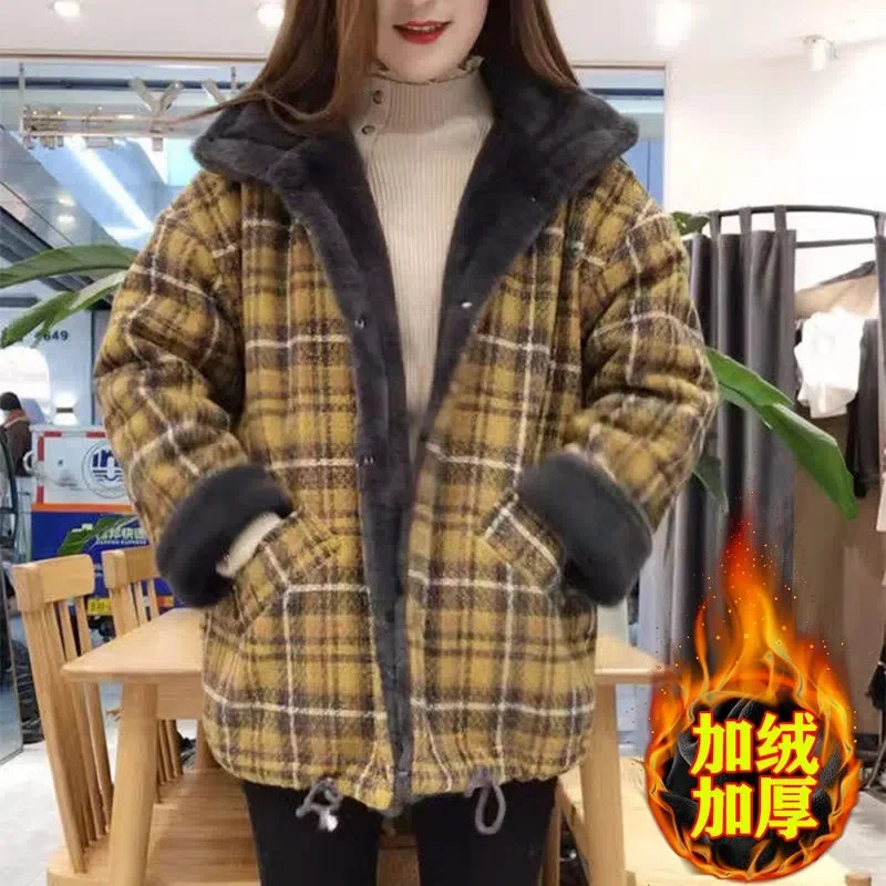 Plaid Wool Plus Fleece Thickened Cotton Clothes 2023 Female Loose Matching Medium Long Coat Small Winter Mother Pack Commuting X