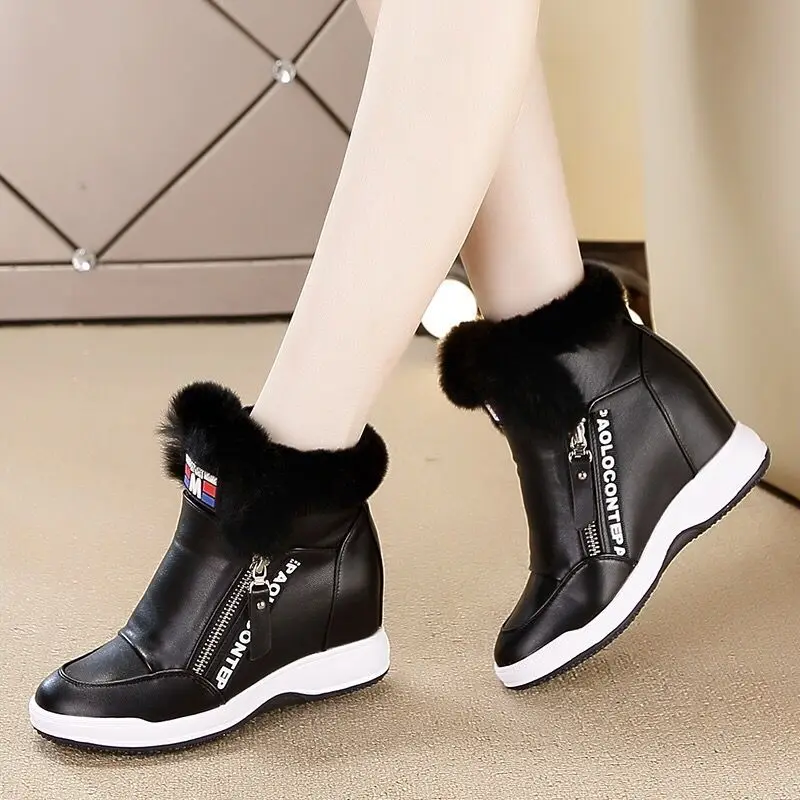 

Inside Increase Women's Shoes Korean Version Zipper Casual Shoes Rabbit Hair Short Boots Tide Wedge Heel Warm Cotton Shoes