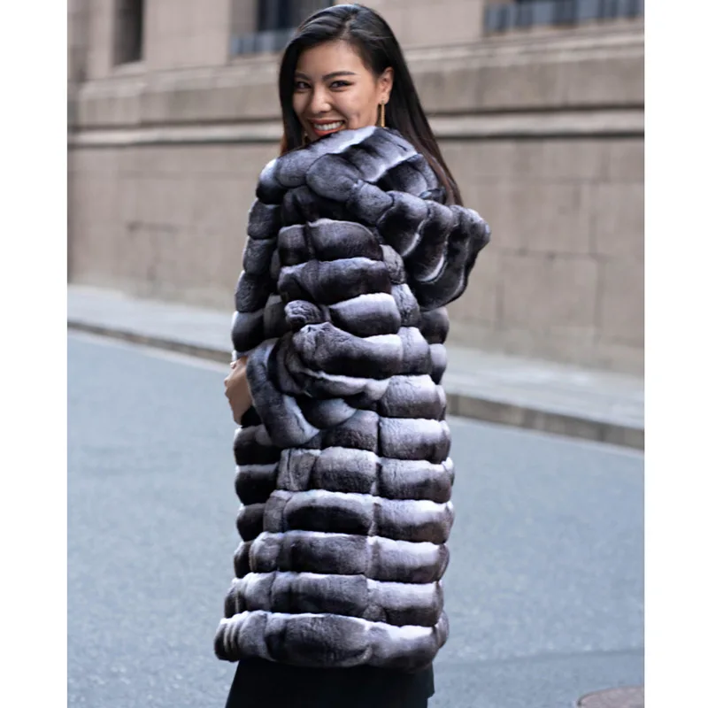 Winter Thick Warm Hooded Mid-Length Faux Fur Coat Women Fluffy Jacket Striped Luxurious Branded Fur Coat Long Sleeve Mink Coats