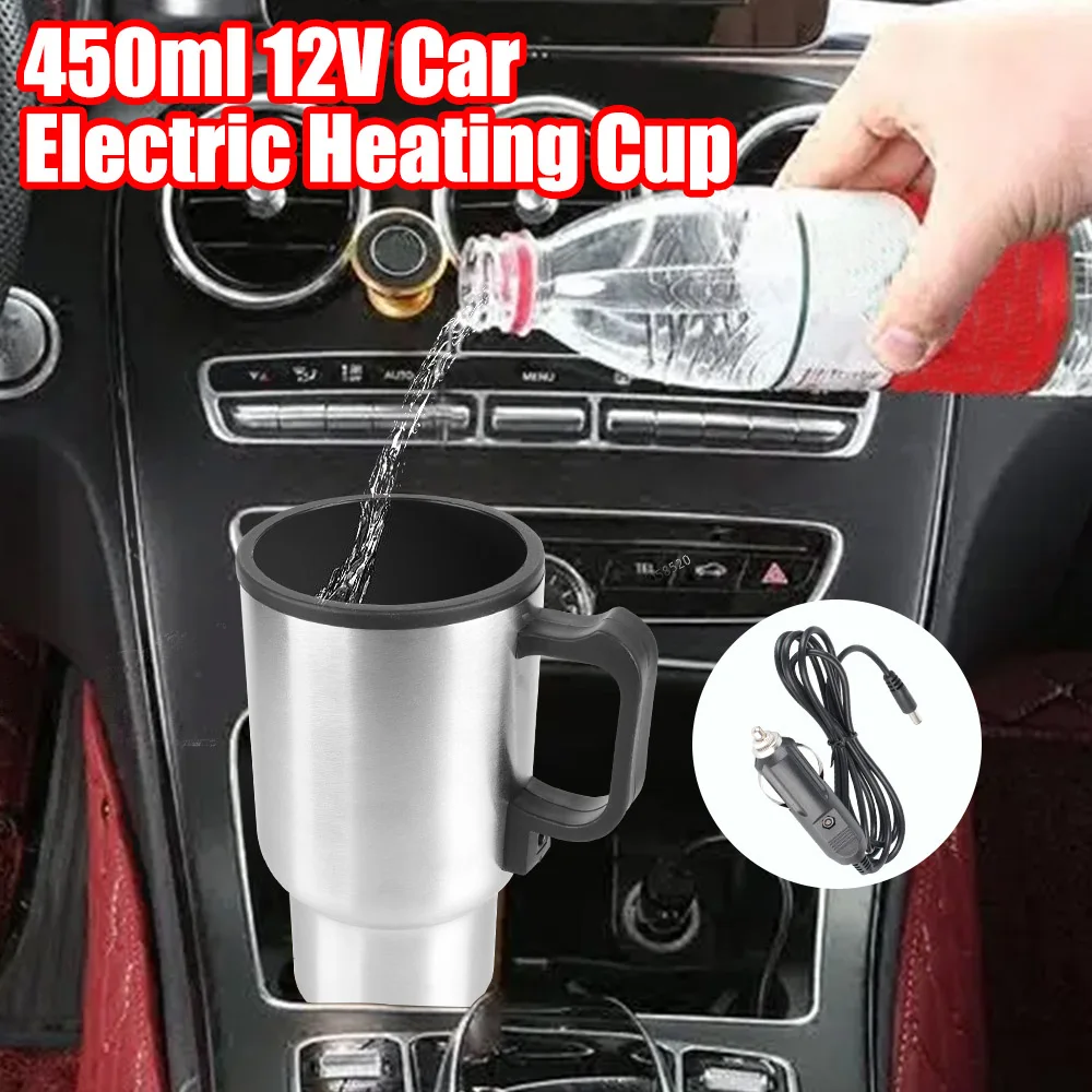 전기 가열 차량용 주전자 차량용 가열 컵 스테인리스 스틸 물 커피 우유 보온 머그컵 12V 450ml 캠핑 여행용 주전자
