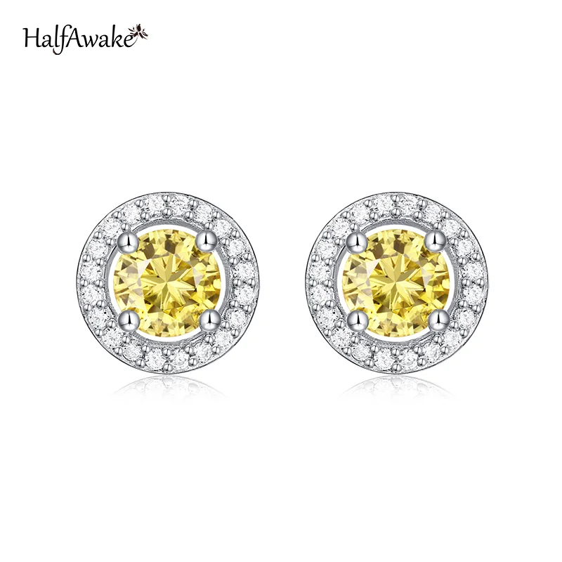 

Sparkling Halo Round Cut Yellow Moissanite 925 Sterling Silver Earrings For Women Piercing Ear Vintage Jewelry Mother's Day Gift